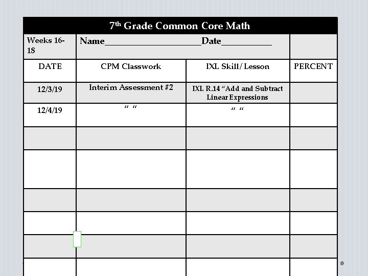 7 th Grade Common Core Math Weeks 1618 Name___________Date______ DATE CPM Classwork IXL Skill/