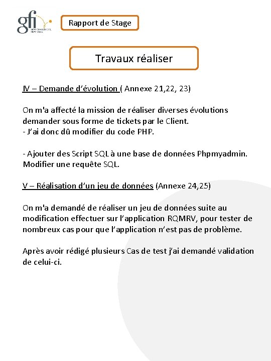 Rapport de Stage Travaux réaliser IV – Demande d’évolution ( Annexe 21, 22, 23)