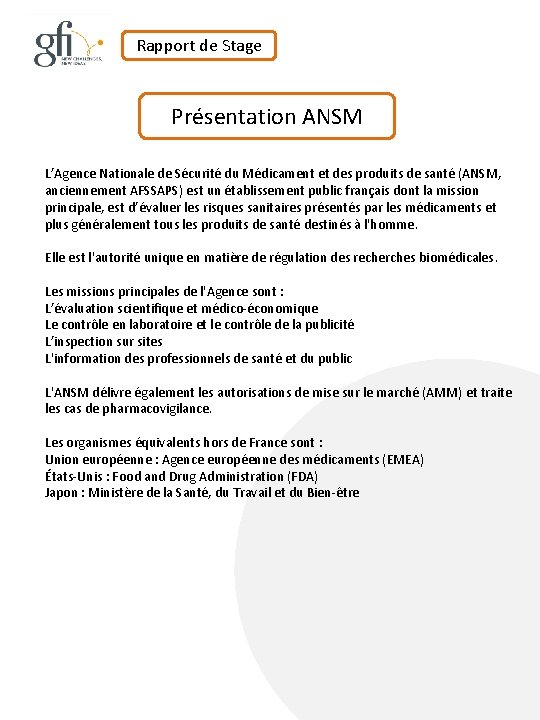 Rapport de Stage Présentation ANSM L’Agence Nationale de Sécurité du Médicament et des produits