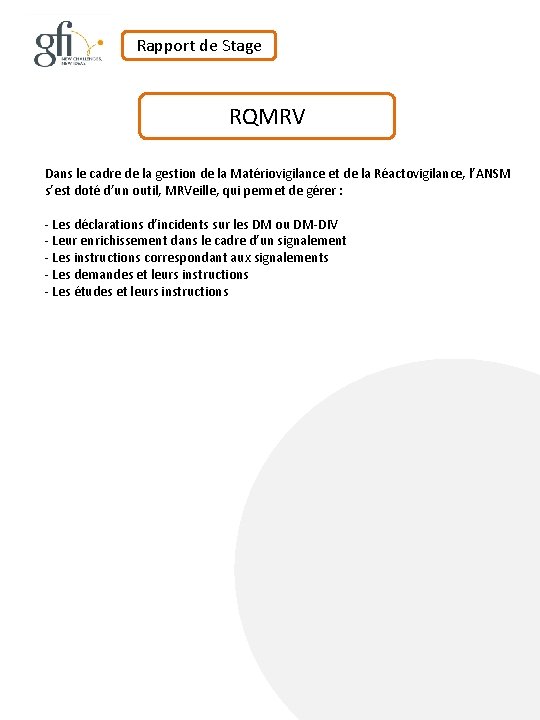 Rapport de Stage RQMRV Dans le cadre de la gestion de la Matériovigilance et