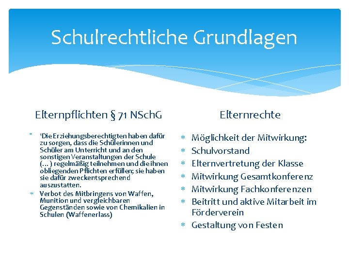 Schulrechtliche Grundlagen Elternrechte Elternpflichten § 71 NSch. G 1 Die Erziehungsberechtigten haben dafür zu