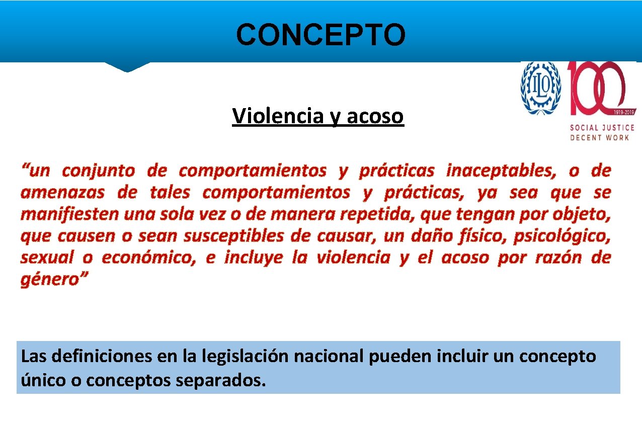 CONCEPTO Violencia y acoso “un conjunto de comportamientos y prácticas inaceptables, o de amenazas