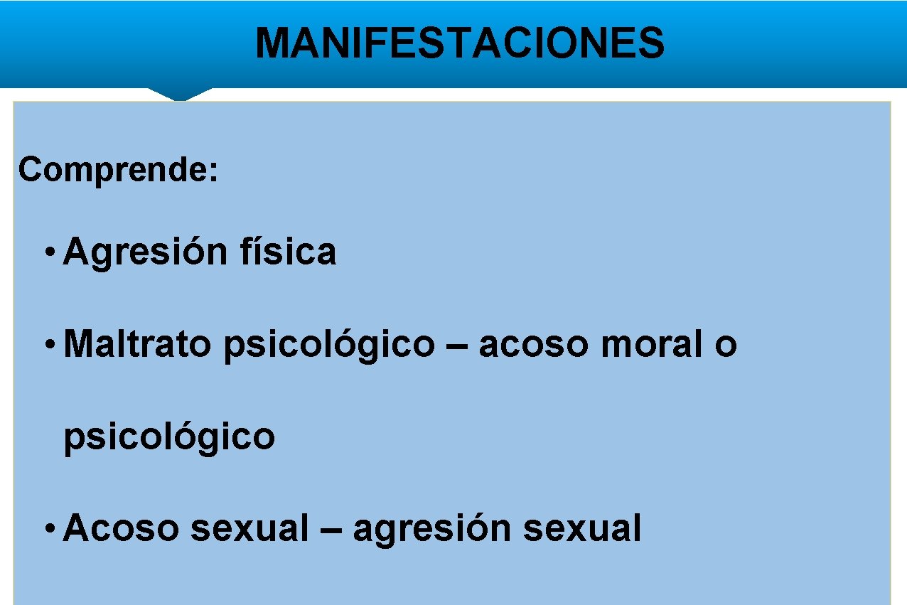 MANIFESTACIONES Comprende: • Agresión física • Maltrato psicológico – acoso moral o psicológico •