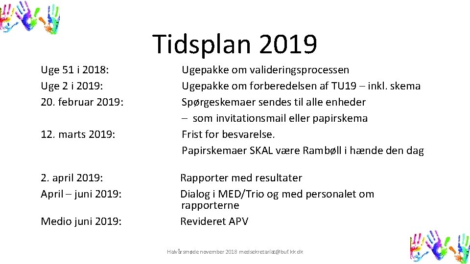 Tidsplan 2019 Uge 51 i 2018: Ugepakke om valideringsprocessen Uge 2 i 2019: Ugepakke