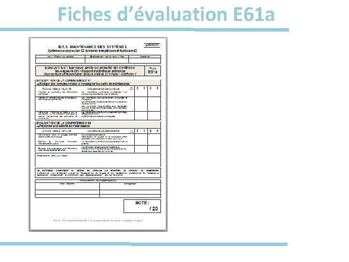 Fiches d’évaluation E 61 a 