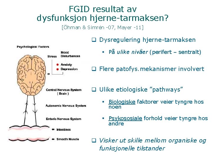 FGID resultat av dysfunksjon hjerne-tarmaksen? [Öhman & Simrén -07, Mayer -11] q Dysregulering hjerne-tarmaksen