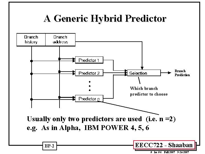 A Generic Hybrid Predictor Branch Prediction Which branch predictor to choose Usually only two