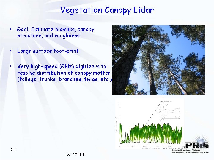 Vegetation Canopy Lidar • Goal: Estimate biomass, canopy structure, and roughness • Large surface