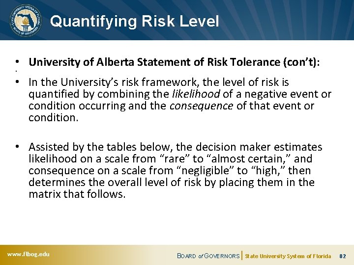 Quantifying Risk Level • University of Alberta Statement of Risk Tolerance (con’t): • •