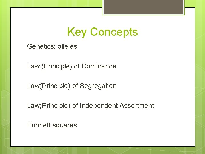 Key Concepts Genetics: alleles Law (Principle) of Dominance Law(Principle) of Segregation Law(Principle) of Independent