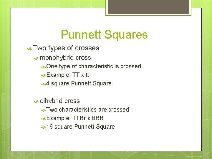 Punnett Squares Two types of crosses: monohybrid cross One type of characteristic is crossed