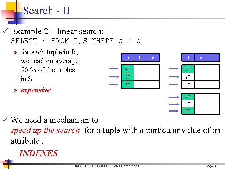 Search - II ü Example 2 – linear search: SELECT * FROM R, S