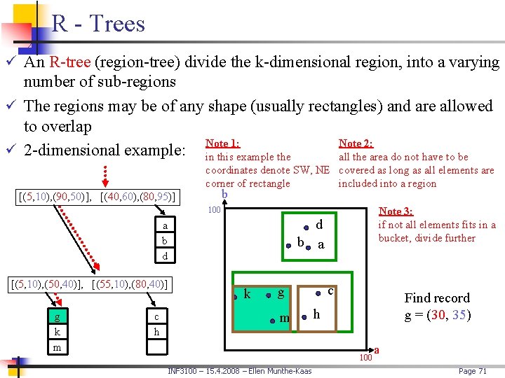 R - Trees ü An R-tree (region-tree) divide the k-dimensional region, into a varying