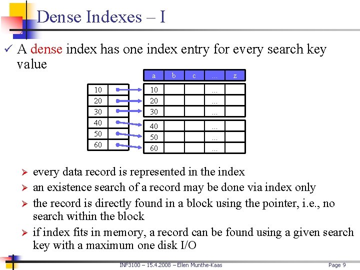Dense Indexes – I ü A dense index has one index entry for every