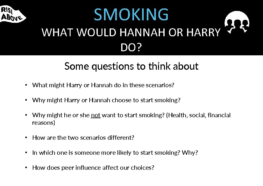 SMOKING WHAT WOULD HANNAH OR HARRY DO? Some questions to think about • What SMOKING WHAT WOULD HANNAH OR HARRY DO? Some questions to think about • What