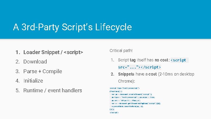 A 3 rd-Party Script’s Lifecycle 1. Loader Snippet / <script> Critical path! 2. Download