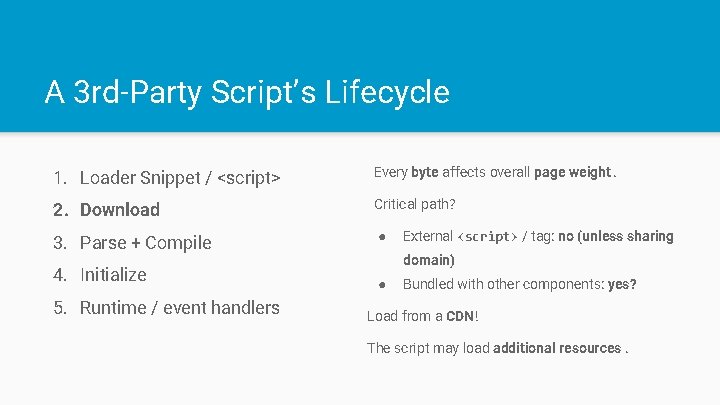 A 3 rd-Party Script’s Lifecycle 1. Loader Snippet / <script> Every byte affects overall