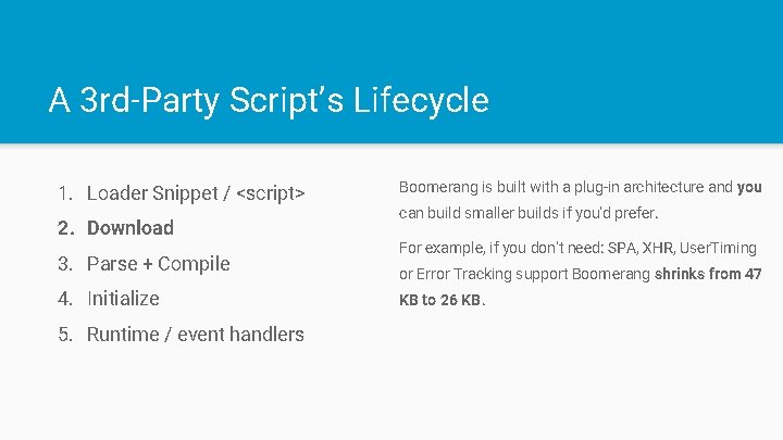 A 3 rd-Party Script’s Lifecycle 1. Loader Snippet / <script> 2. Download 3. Parse