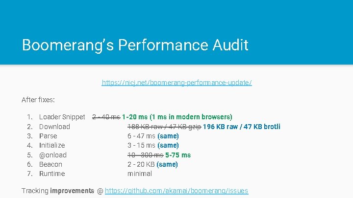 Boomerang’s Performance Audit https: //nicj. net/boomerang-performance-update/ After fixes: 1. 2. 3. 4. 5. 6.
