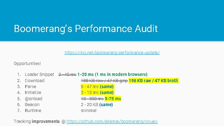 Boomerang’s Performance Audit https: //nicj. net/boomerang-performance-update/ Opportunities! 1. 2. 3. 4. 5. 6. 7.