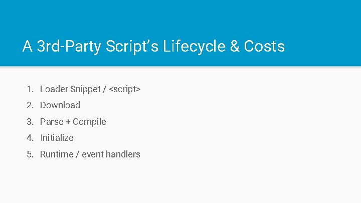 A 3 rd-Party Script’s Lifecycle & Costs 1. Loader Snippet / <script> 2. Download