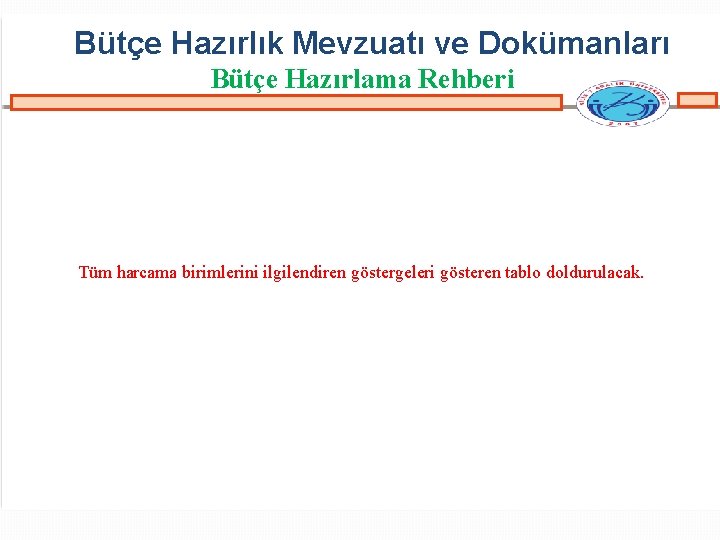 Bütçe Hazırlık Mevzuatı ve Dokümanları Bütçe Hazırlama Rehberi Tüm harcama birimlerini ilgilendiren göstergeleri gösteren