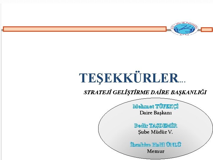 TEŞEKKÜRLER…. STRATEJİ GELİŞTİRME DAİRE BAŞKANLIĞI Mehmet TÜFEKÇİ Daire Başkanı Bedir TAŞDEMİR Şube Müdür V.