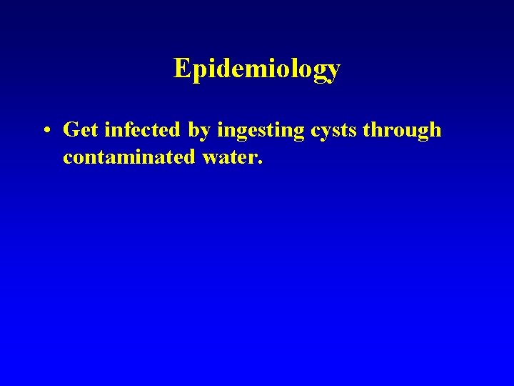 Epidemiology • Get infected by ingesting cysts through contaminated water. 