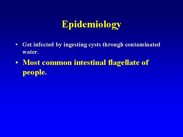 Epidemiology • Get infected by ingesting cysts through contaminated water. • Most common intestinal