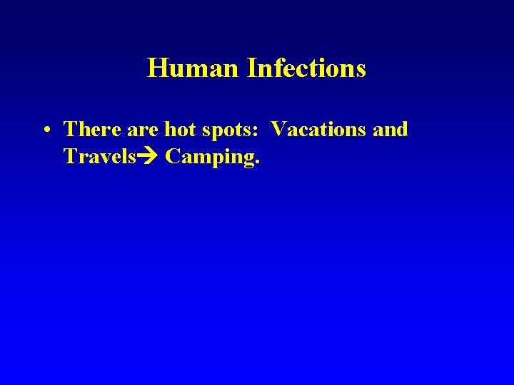 Human Infections • There are hot spots: Vacations and Travels Camping. 