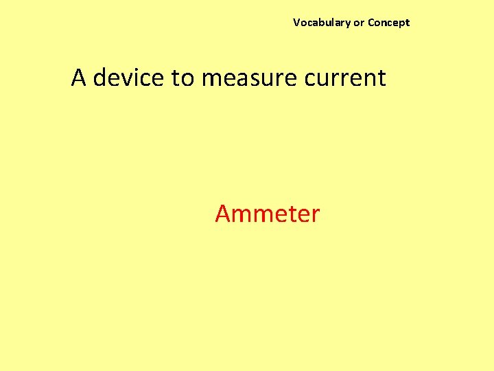 Vocabulary or Concept A device to measure current Ammeter 