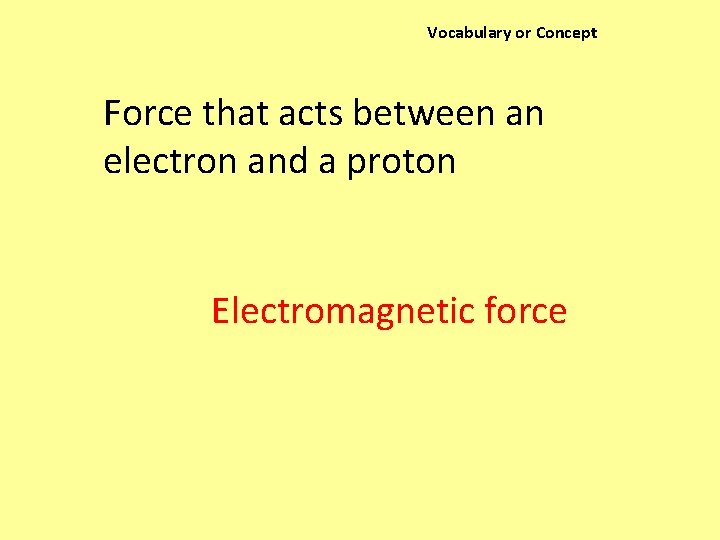 Vocabulary or Concept Force that acts between an electron and a proton Electromagnetic force