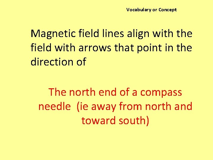 Vocabulary or Concept Magnetic field lines align with the field with arrows that point