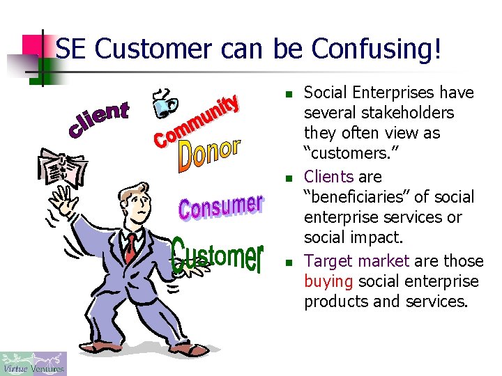 SE Customer can be Confusing! n n n Social Enterprises have several stakeholders they