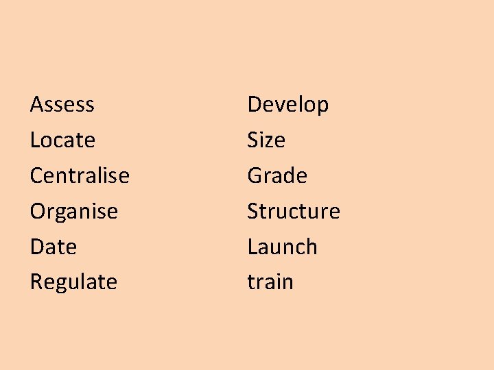 Assess Locate Centralise Organise Date Regulate Develop Size Grade Structure Launch train 