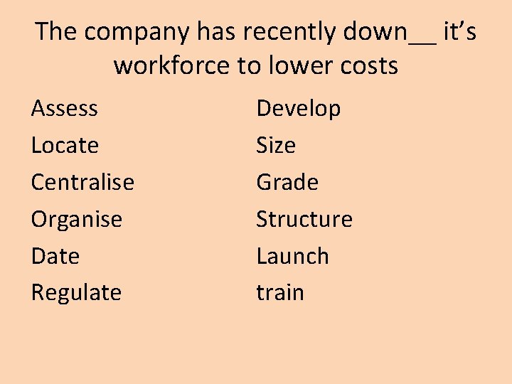 The company has recently down__ it’s workforce to lower costs Assess Locate Centralise Organise