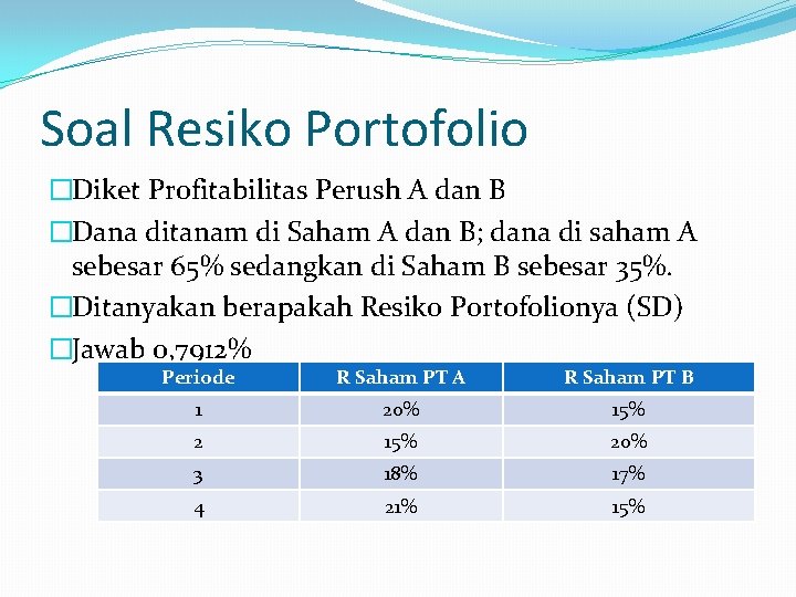 Soal Resiko Portofolio �Diket Profitabilitas Perush A dan B �Dana ditanam di Saham A