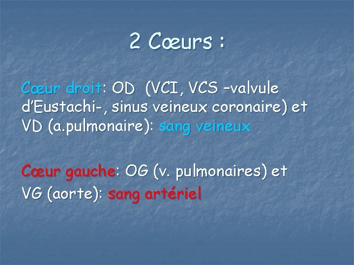 2 Cœurs : Cœur droit: OD (VCI, VCS –valvule d’Eustachi-, sinus veineux coronaire) et