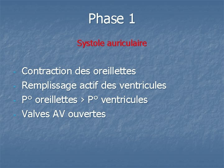 Phase 1 Systole auriculaire - Contraction des oreillettes Remplissage actif des ventricules P° oreillettes