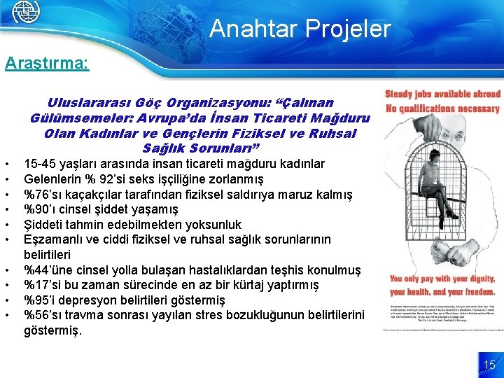 Anahtar Projeler Araştırma: • • • Uluslararası Göç Organizasyonu: “Çalınan Gülümsemeler: Avrupa’da İnsan Ticareti