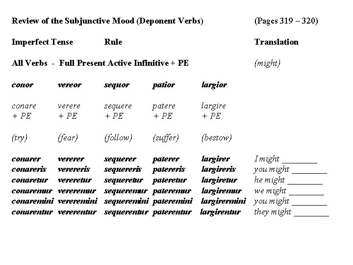 Review of the Subjunctive Mood (Deponent Verbs) (Pages 319 – 320) Imperfect Tense Translation