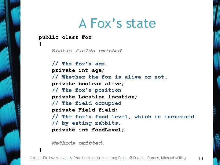 A Fox’s state public class Fox { Static fields omitted // The fox's age.