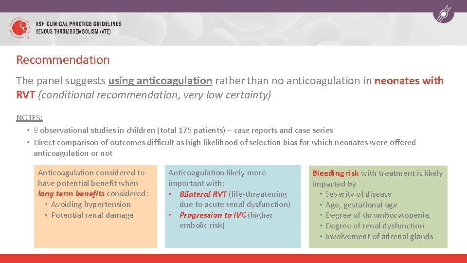 Recommendation The panel suggests using anticoagulation rather than no anticoagulation in neonates with RVT