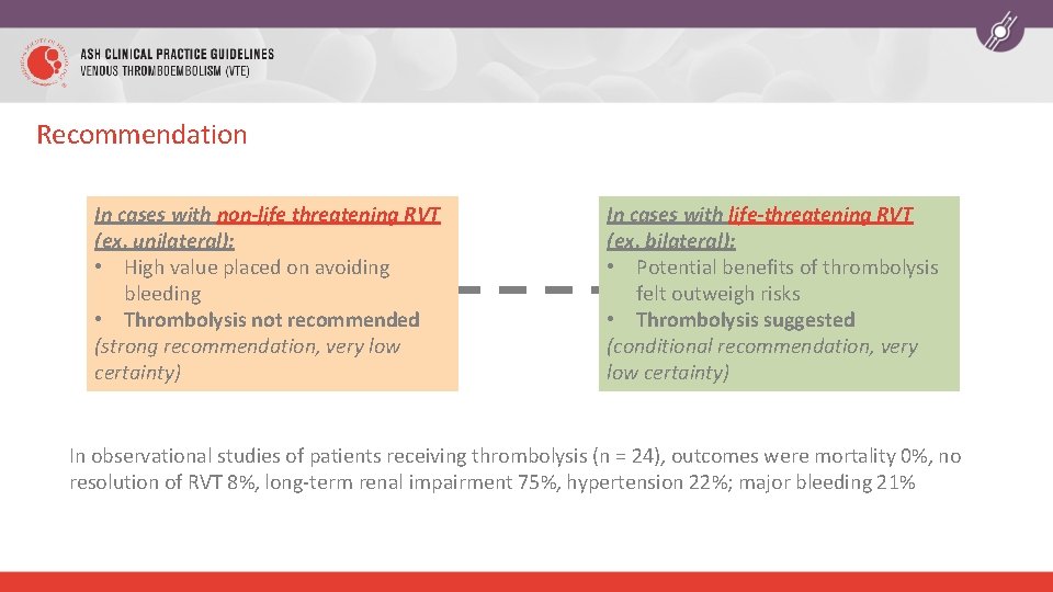 Recommendation In cases with non-life threatening RVT (ex. unilateral): • High value placed on