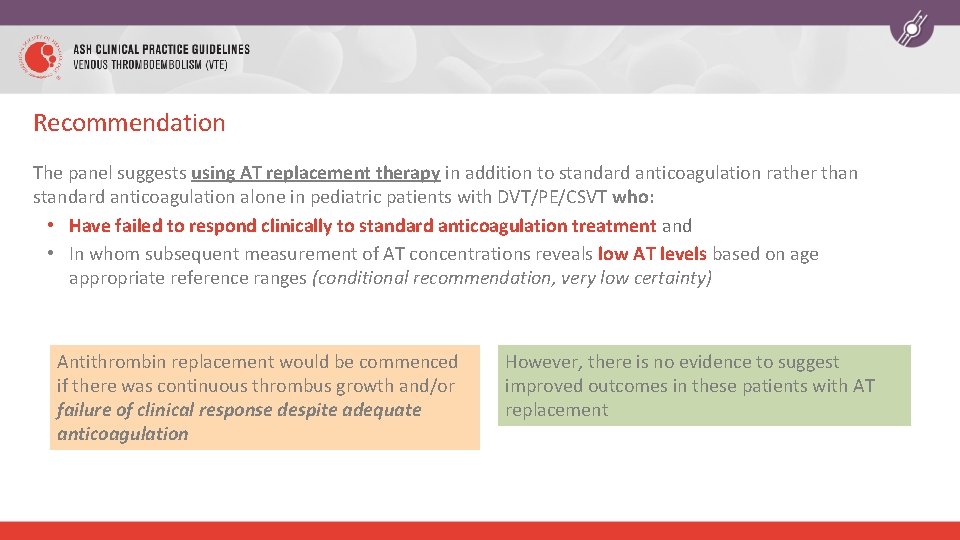 Recommendation The panel suggests using AT replacement therapy in addition to standard anticoagulation rather