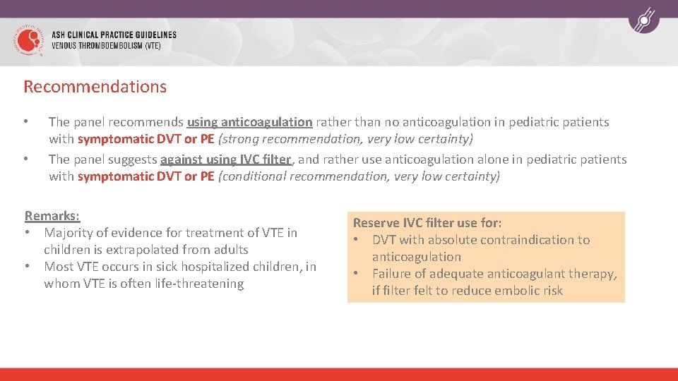 Recommendations • • The panel recommends using anticoagulation rather than no anticoagulation in pediatric