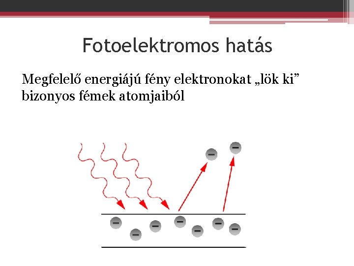 Fotoelektromos hatás Megfelelő energiájú fény elektronokat „lök ki” bizonyos fémek atomjaiból 