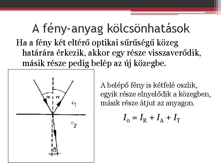 A fény-anyag kölcsönhatások Ha a fény két eltérő optikai sűrűségű közeg határára érkezik, akkor