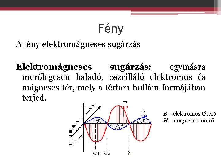 Fény A fény elektromágneses sugárzás Elektromágneses sugárzás: egymásra merőlegesen haladó, oszcilláló elektromos és mágneses