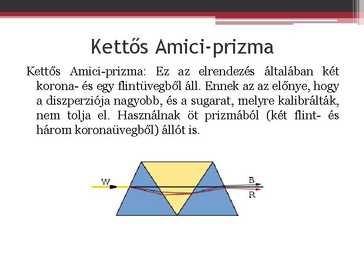 Kettős Amici-prizma: Ez az elrendezés általában két korona- és egy flintüvegből áll. Ennek az